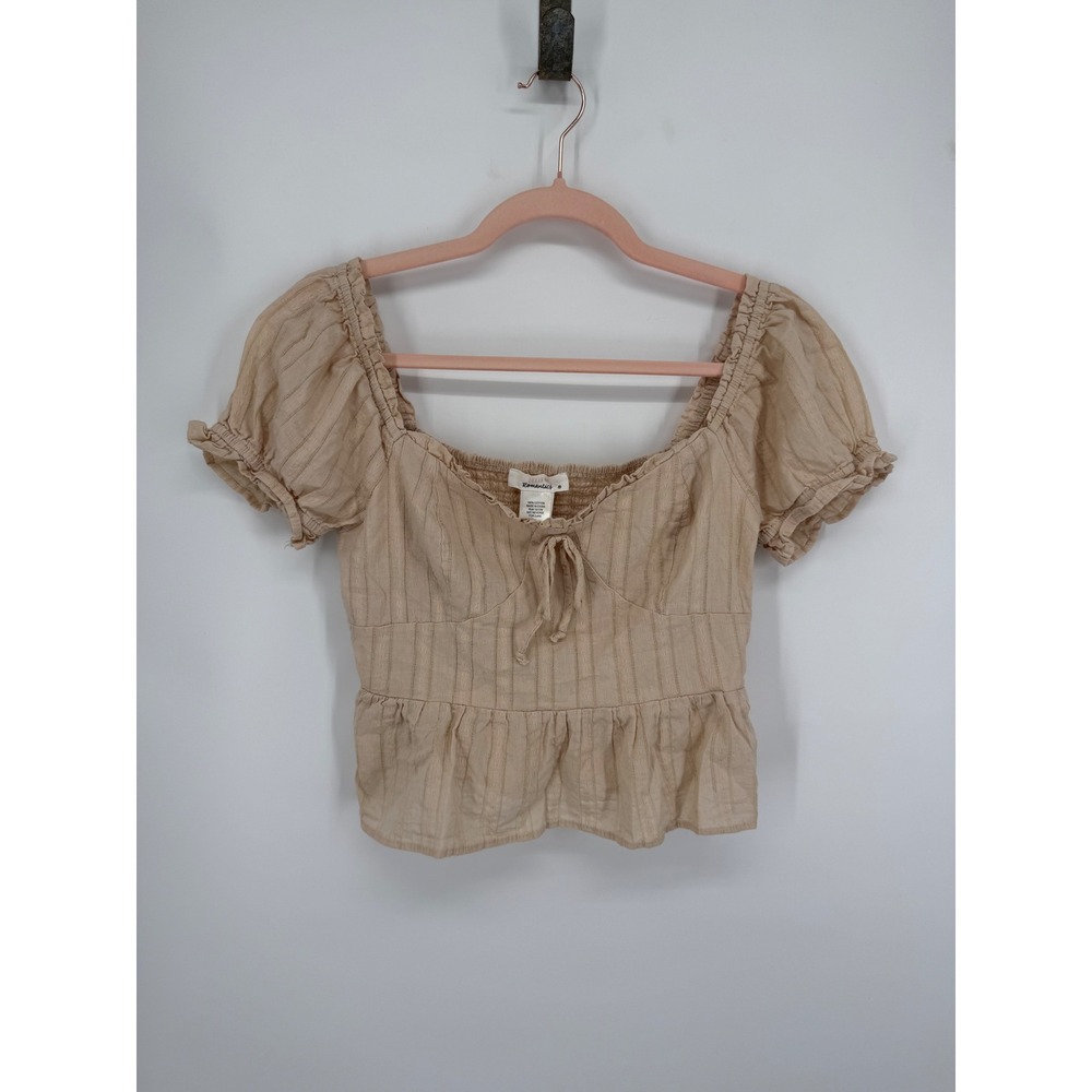 Urban Romantics Top Women Medium Tan Puff Sleeve Smocked Back Peplum Babydoll